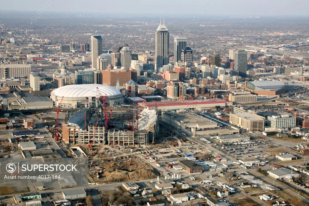 USA,   Indiana,   Indianapolis,   Cityscape with Lucas Oil Stadium construction