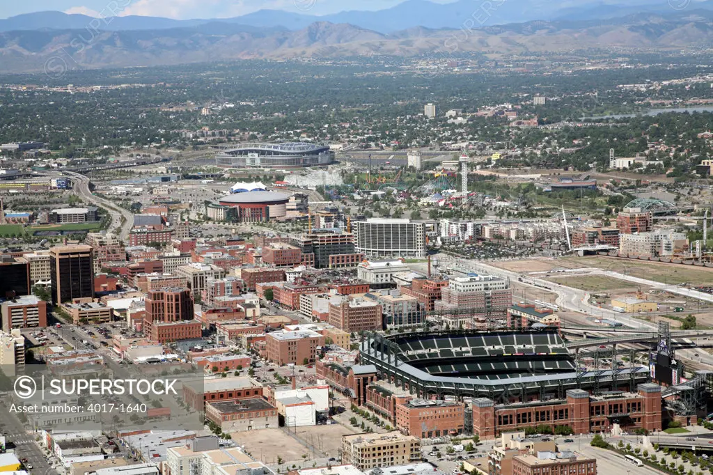 Aerial of Denver's professional sports Stadiums and Elitch Gardens near LoDo