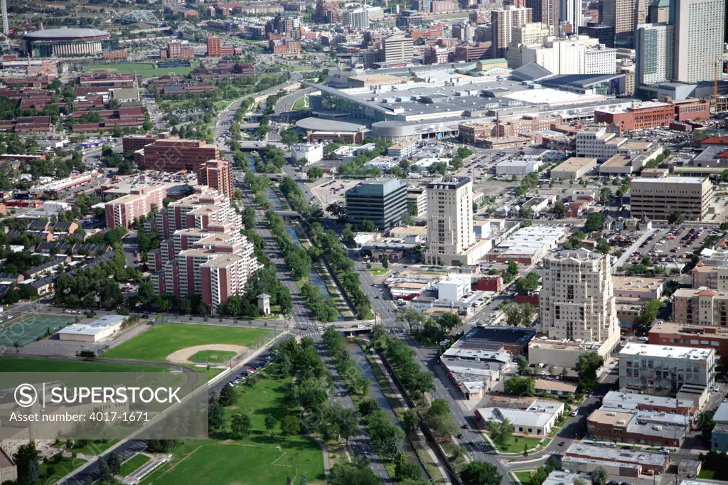 Aerial of Speer Blvd cutting through the Lincoln Park and Civic Center Neighborhoods of Denver