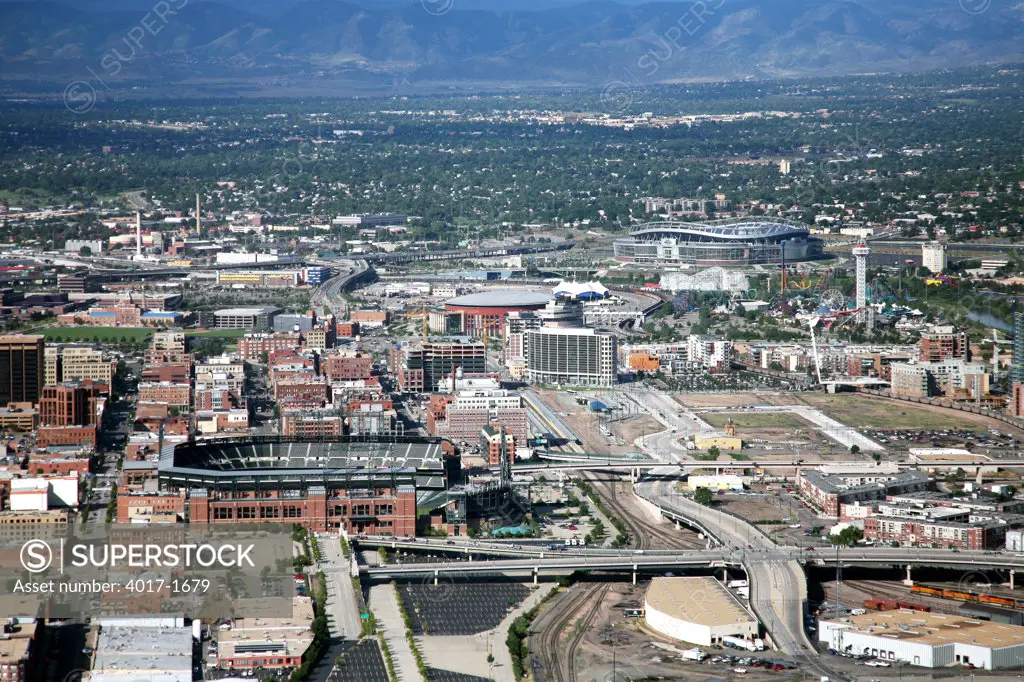 Aerial of Denver's professional sports Stadiums near LoDo