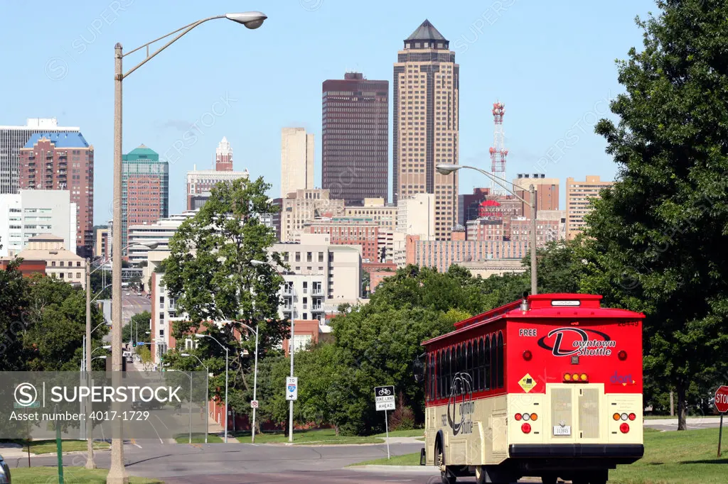 Des Moines, Iowa Skyline with Trolley in Foreground