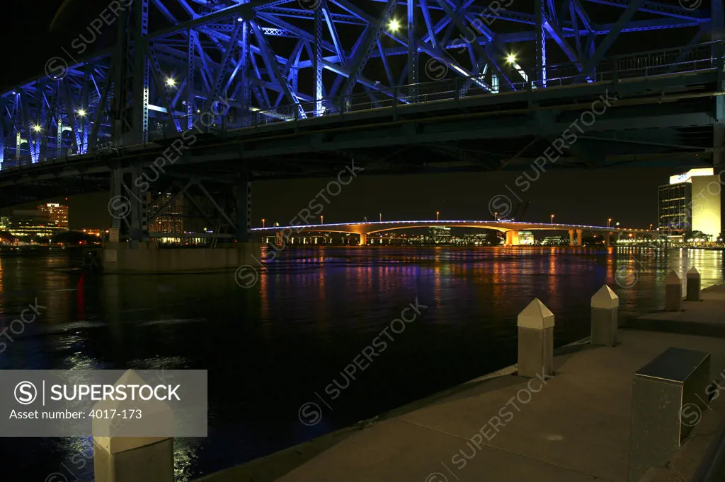 USA,   Florida,   Jacksonville,   Waterfront next to Main Street Bridge at night