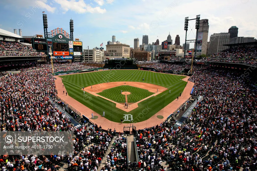 The Detroit Tiger Playing in Their home Field of Comerica Park with the Skyline in the Background