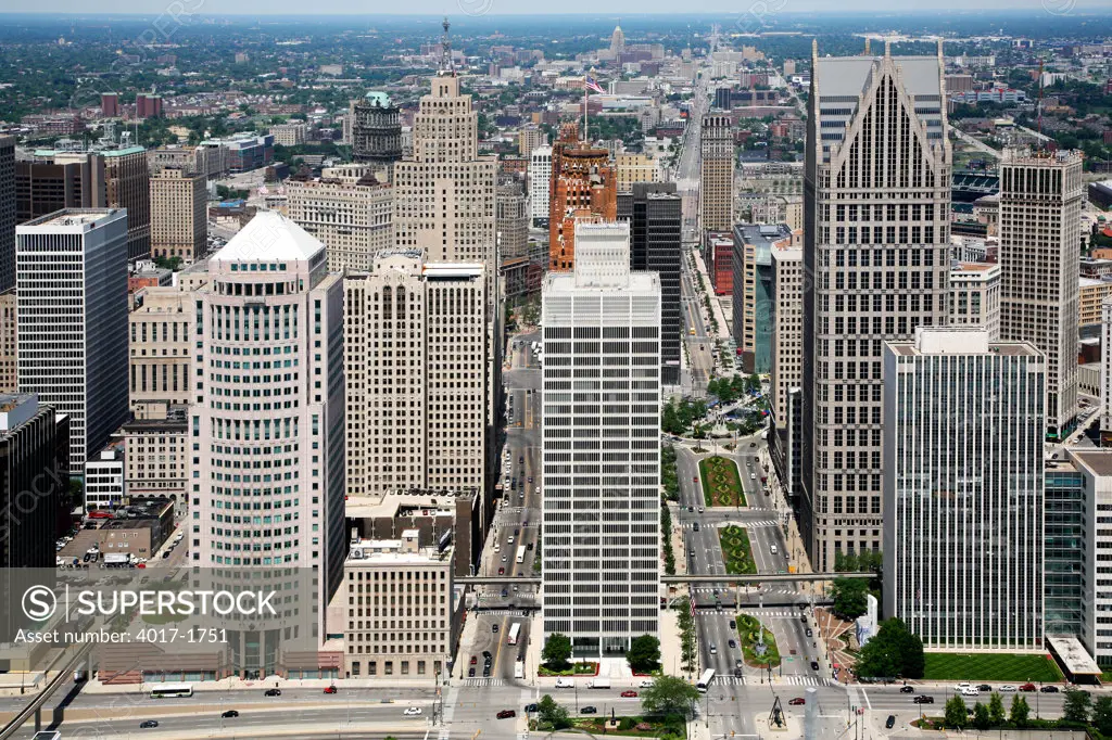 Aerial of Downtown Detroit looking down Woodward Avenue toward campus Martius Park
