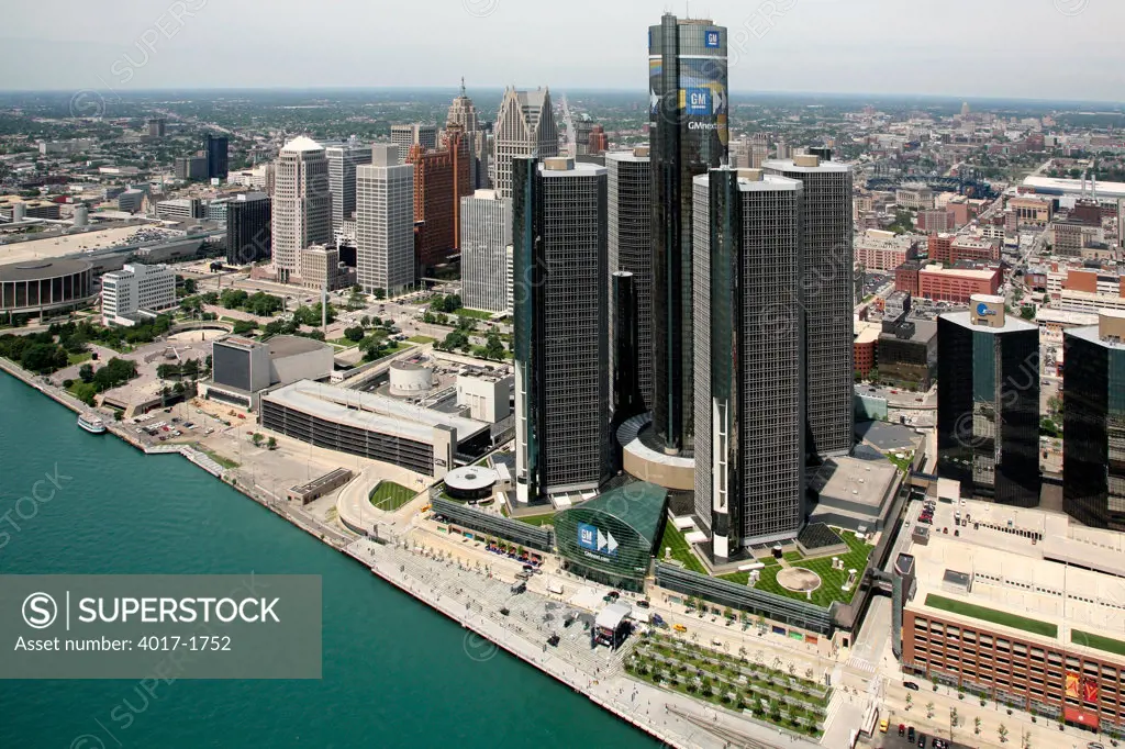GM Headquarters Aerial dominating the Detroit International Riverfront with the Downtown Skyline in the Background
