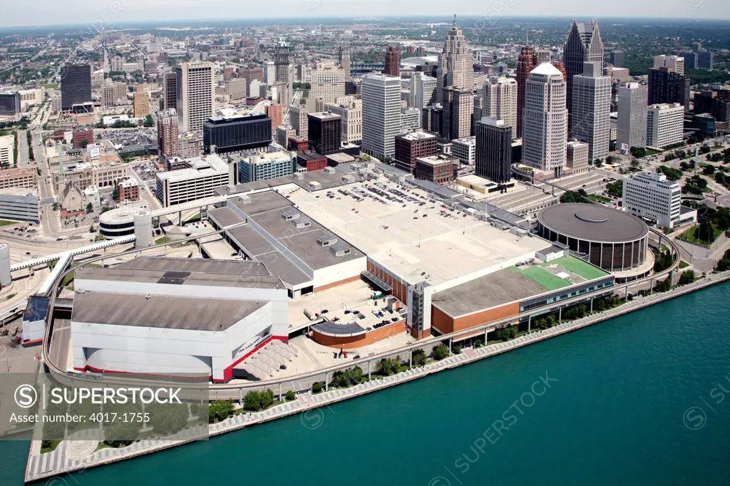 Joe Louis Arena and the Cobo Convention Center and the Downtown Detroit Skyline along the International Riverfront