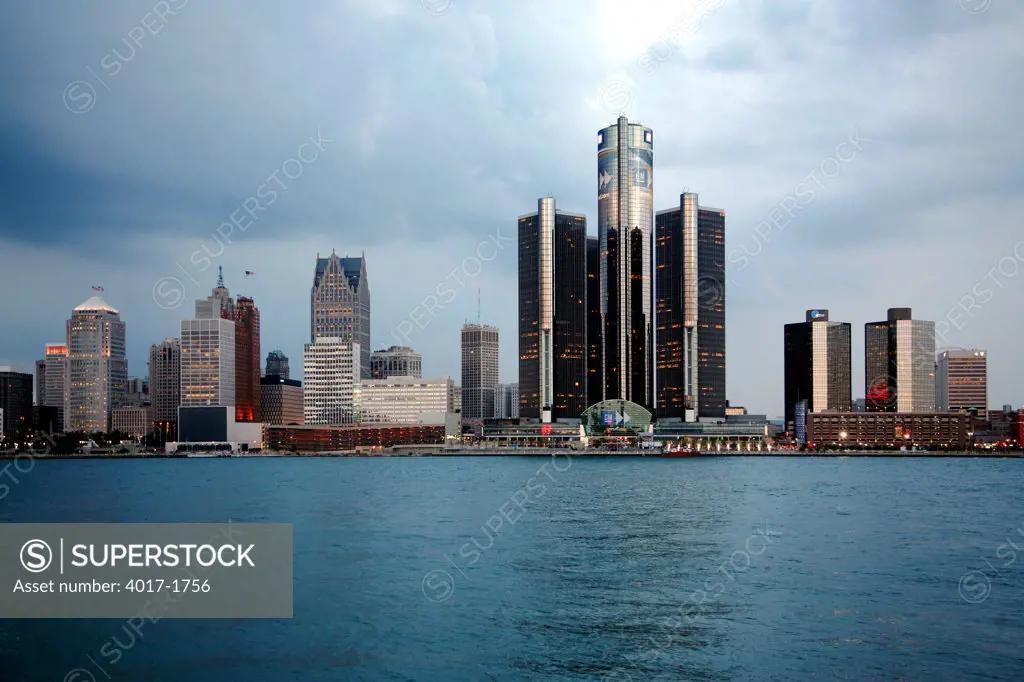 General Motors Headquarters with the Detroit Michigan Downtown Skyline from across the Detroit River