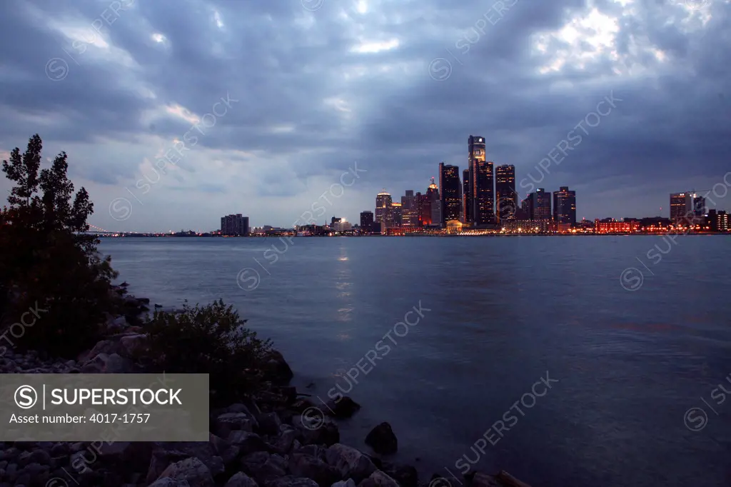 Downtown Detroit Skyline at Dusk from the Detroit River