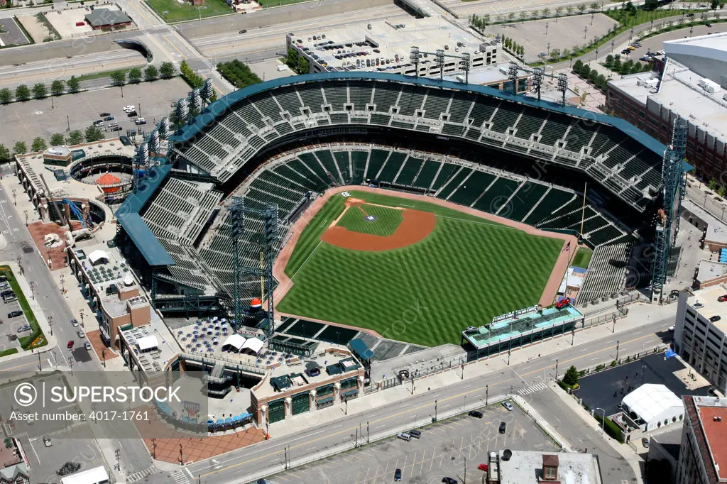 Aerial of Comerica Park in Downtown Detroit, MI
