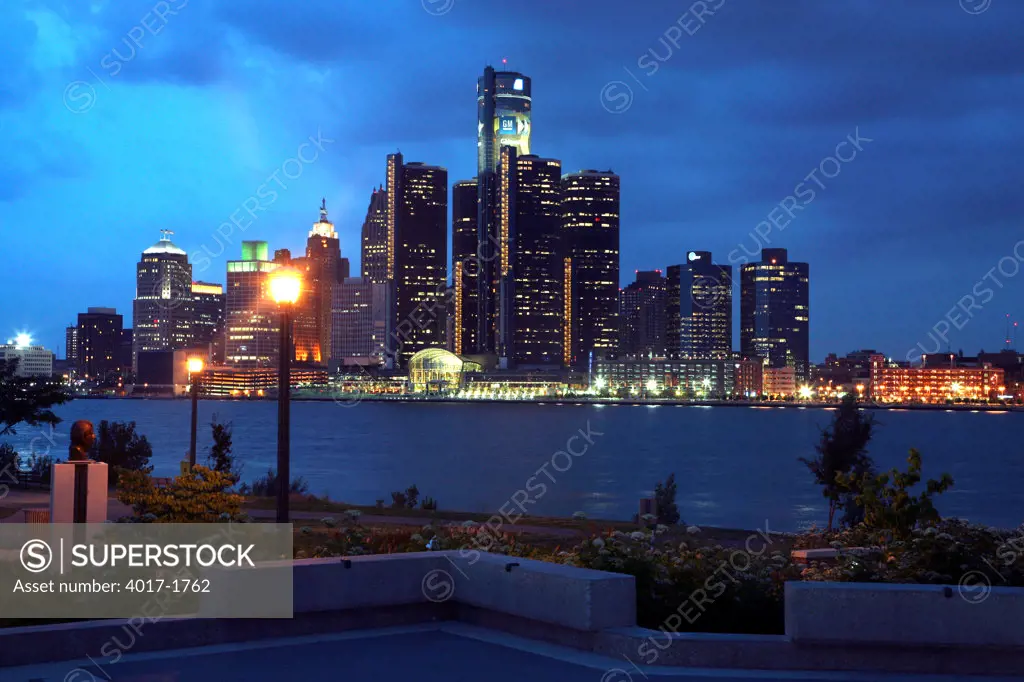 Night photo of the Detroit, MI Skyline from across the river in Windsor, ON