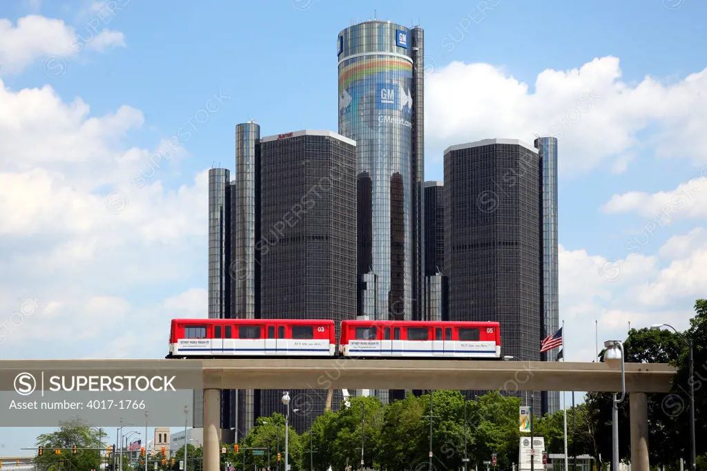 General Motors Headquarters with the Detroit People Mover Crossing in Foregrond