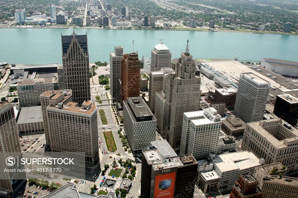 Aerial of the Detroit River with Downtown Detroit in the Foreground and Windsor in the background