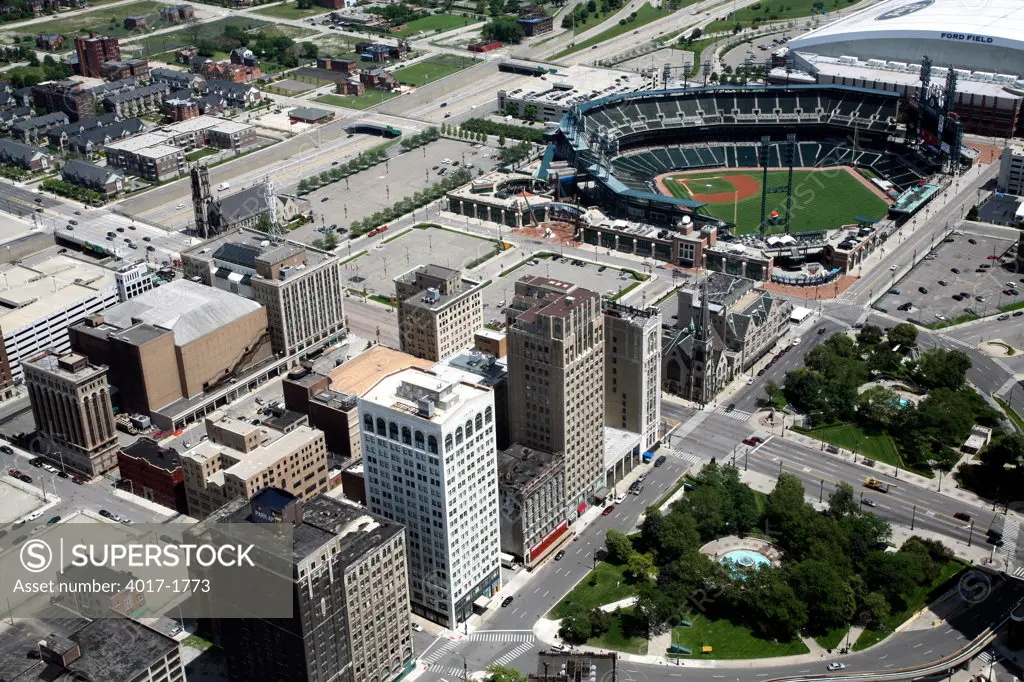 Aerial of the Grand Circus Park District with Comerica Park Stadium in background