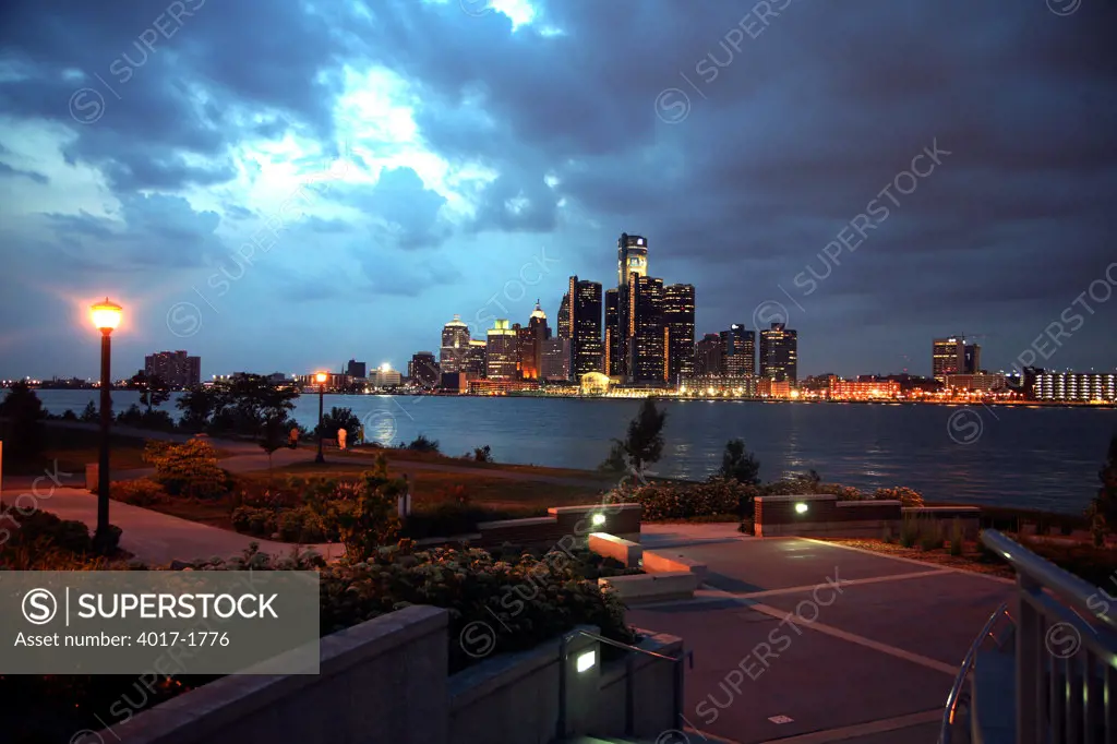 Detroit Skyline at night from Great Western Park in Windsor, Ontario