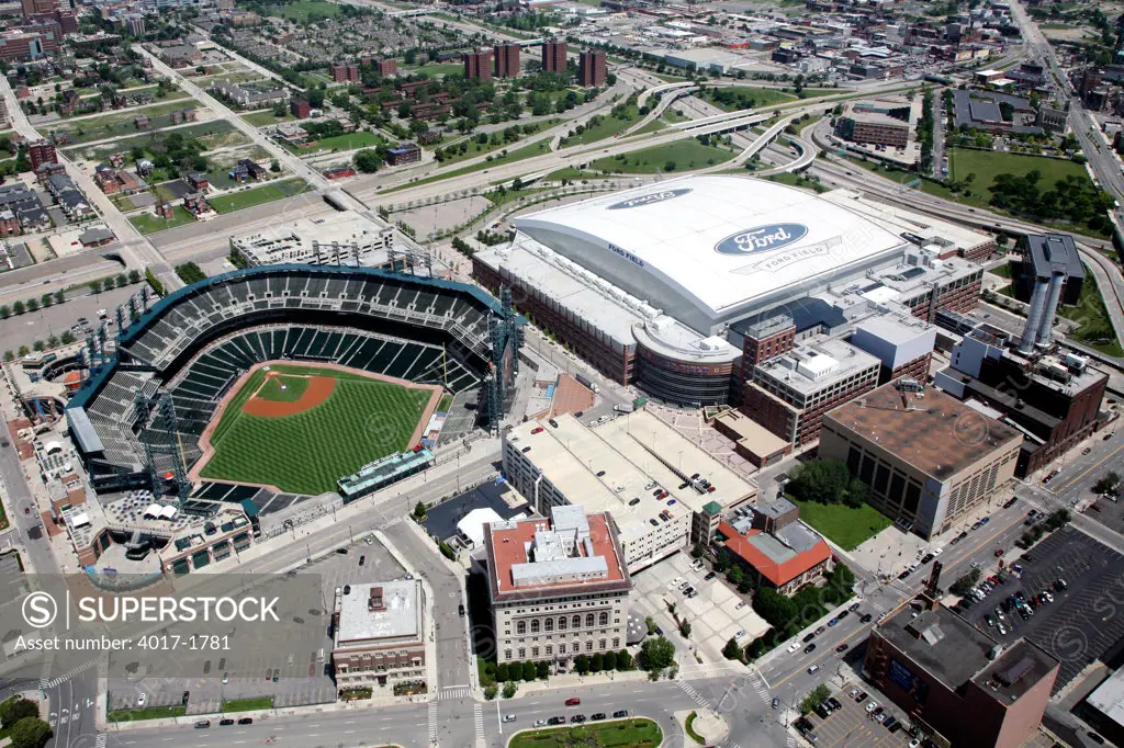 Aerial of Comerica Park and Ford Field, Detroit