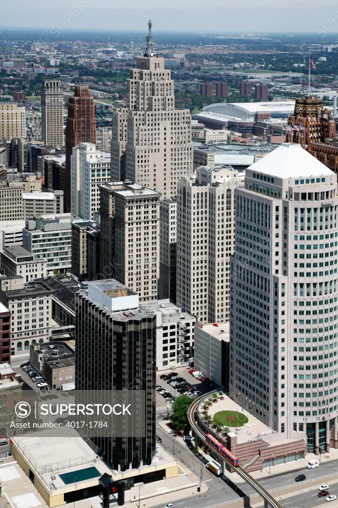 Aerial of Downtown Detroit from the Center of the City
