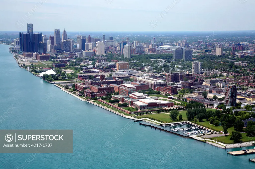 Downtown Detroit Skyline and riverfront along the Detroit River
