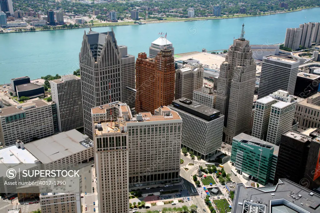 Aerial of Downtown Detroit with the Riverfront in the Background