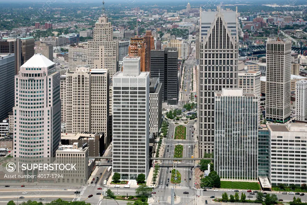 Aerial of Downtown Detroit looking down Woodward Avenue toward campus Martius Park