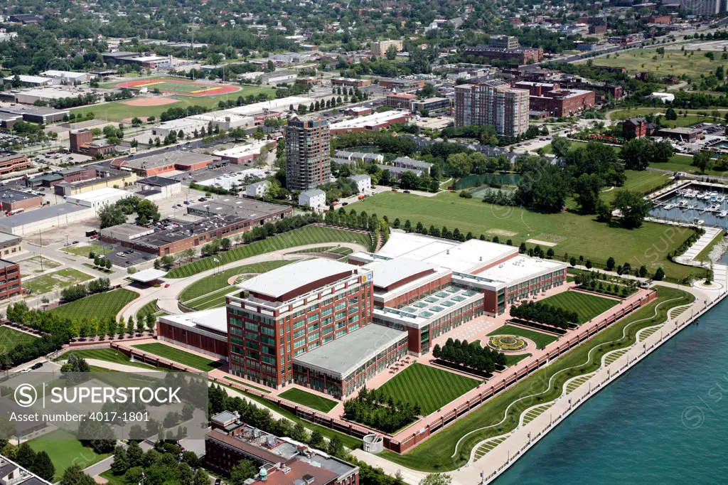 Aerial of the UAW-GM Center-Human Resource Building on the Waterfront of the Detroit River