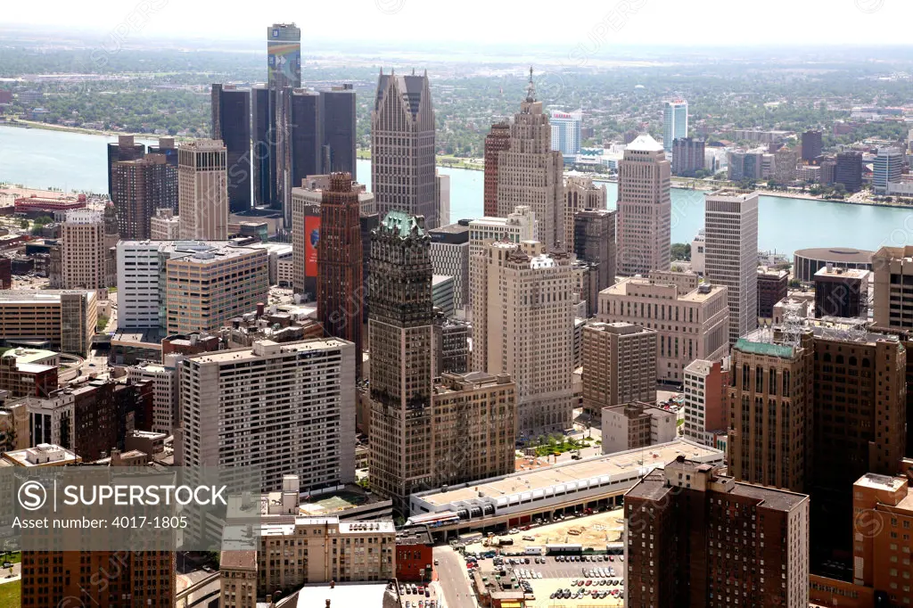 Aerial of the center of Downtown with the Detroit River in the Background