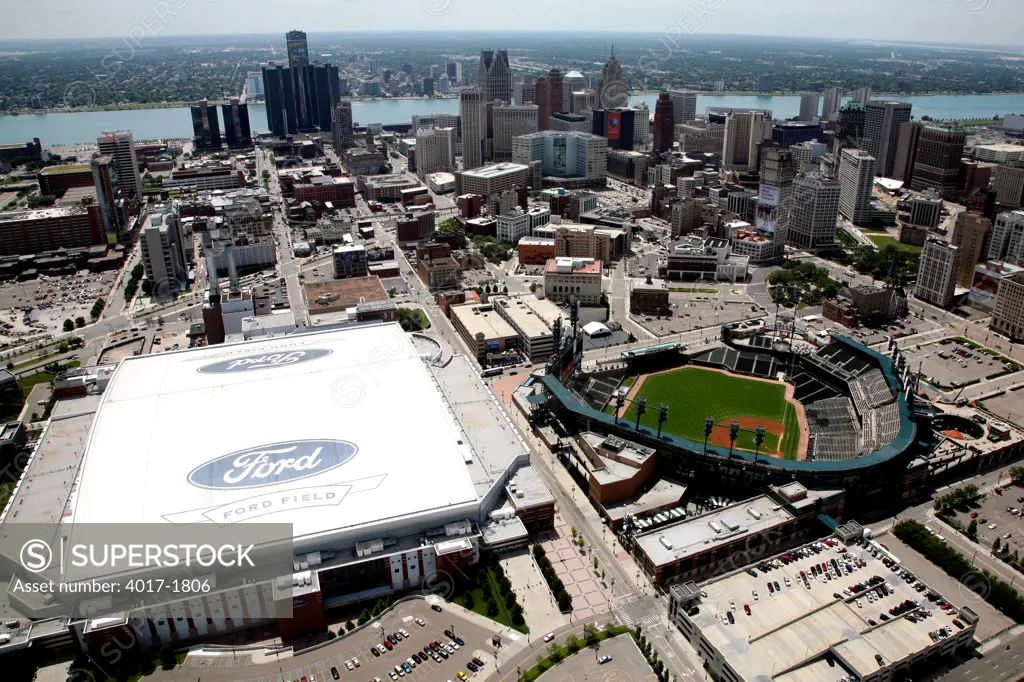 Comerica Park and Ford Field with The Downtown Detroit Skyline in the Background