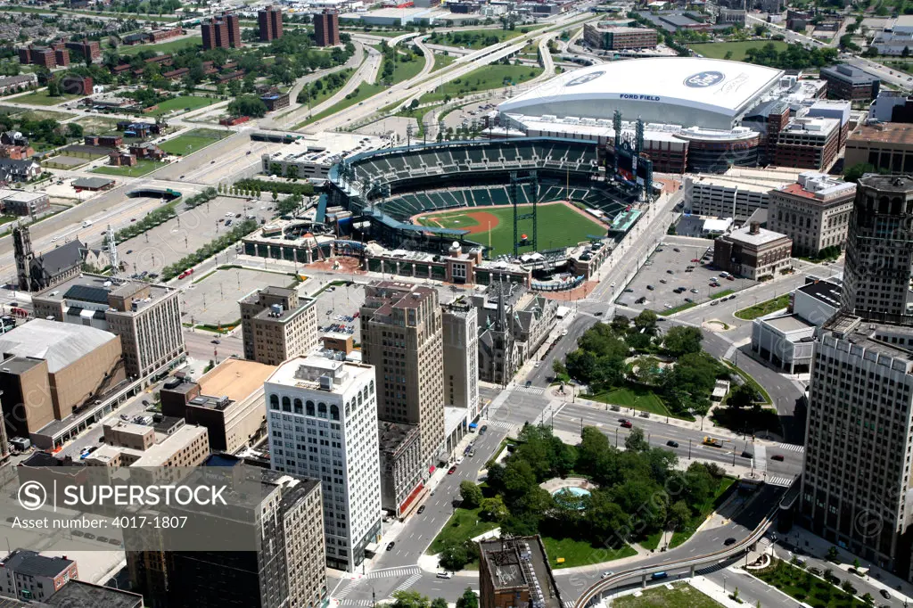 Aerial of Ford Field and Comerica Park, Detroit