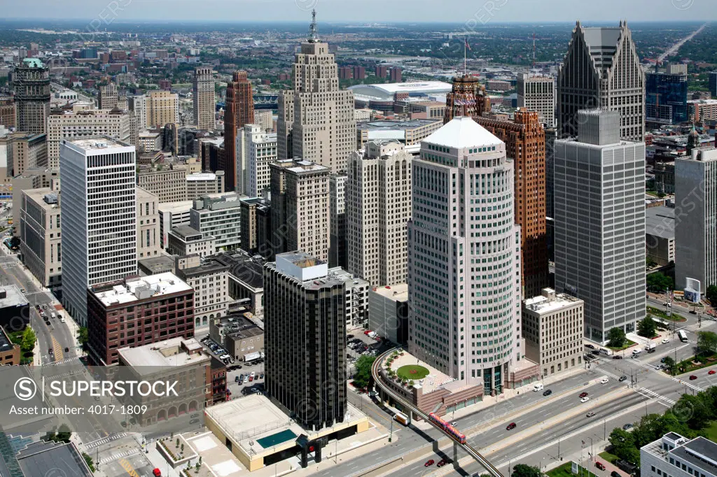 Downtown Skyline Aerial of Detroit, Michigan near the Riverfront