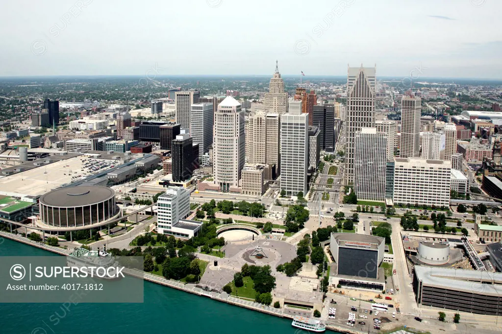 Aerial of Downtown Detroit from Over the Detroit River