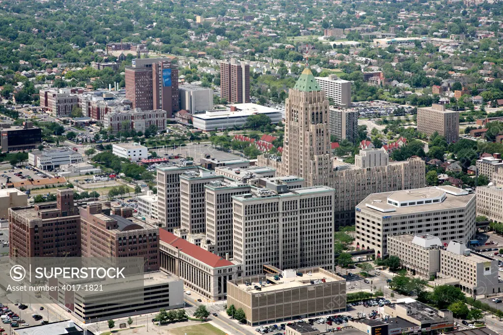 Cadillac Place and the Fisher Building dominate the skyline of the New Center district, Detroit, Michigan