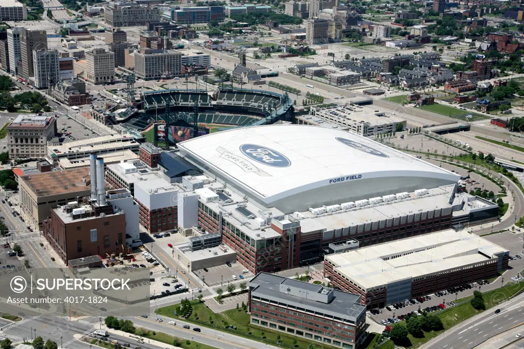 Ford Field and Comerica Park Aerial in Downtown Detroit, MI