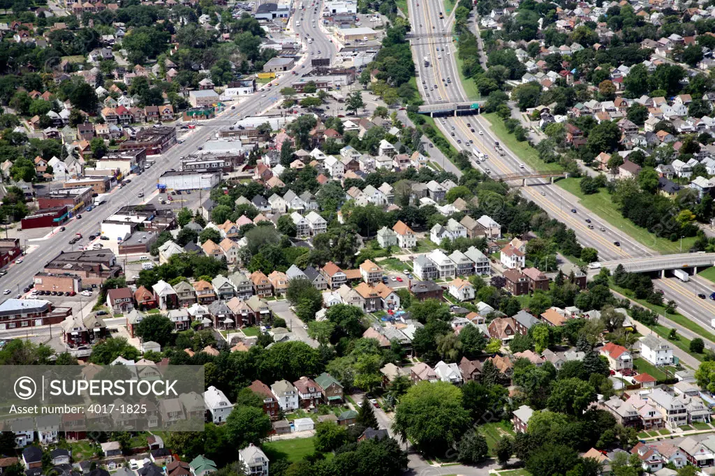 Aerial of Neighborhoods Near Downtown Detroit, MI
