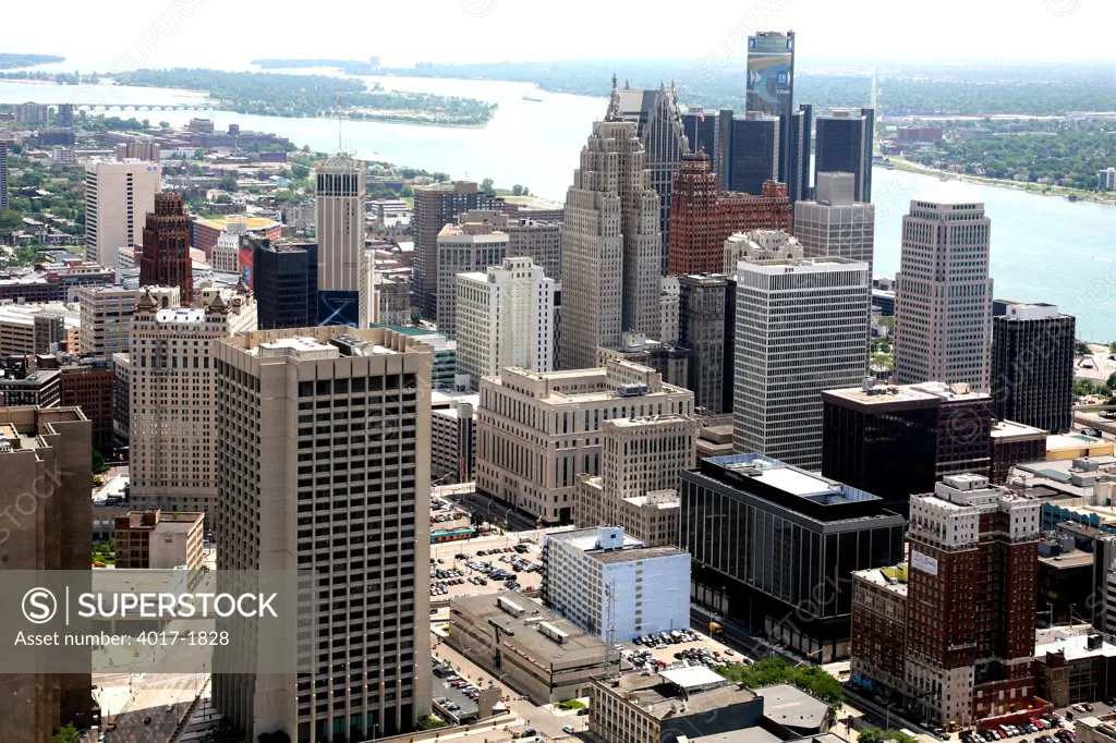 Downtown Skyline of Detroit Aerial with the Detroit River in the Background