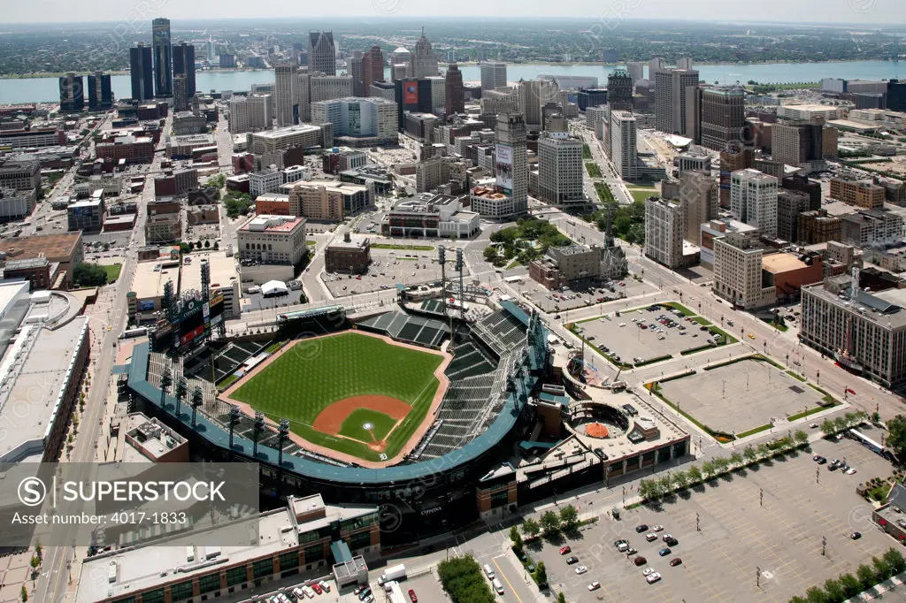 Aerial of Comerica Park with the Downtown Detroit Skyline with the River in the Background