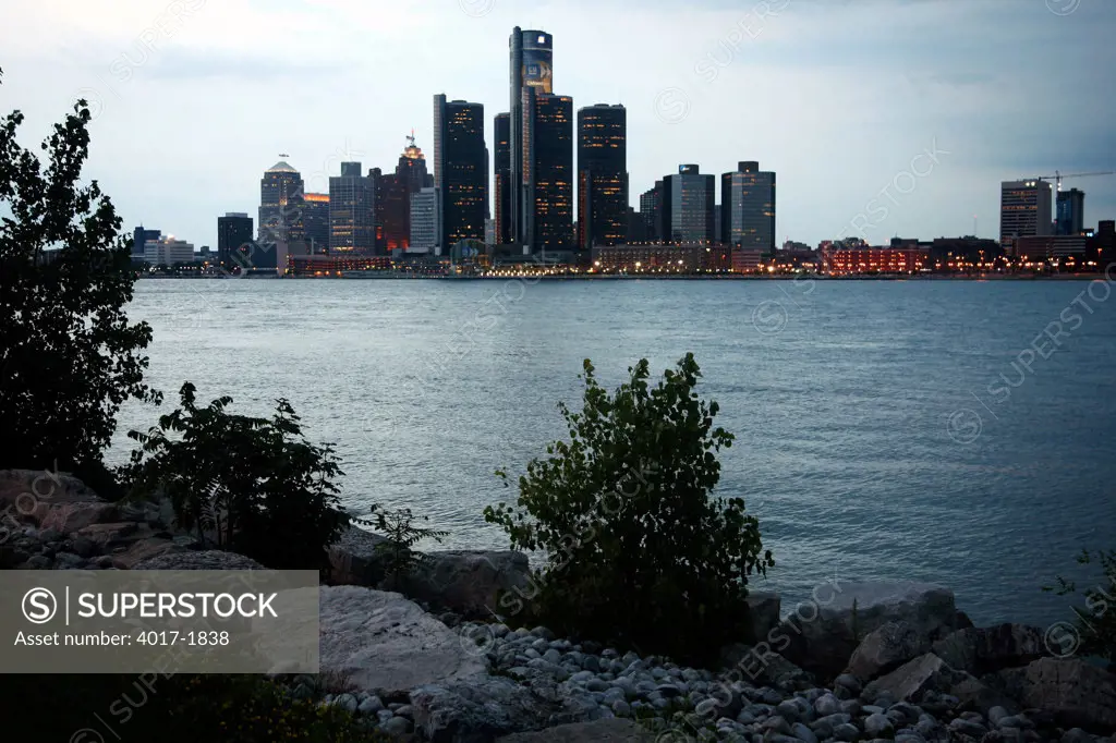 Downtown Detroit Skyline at Dusk with the River in the Foreground