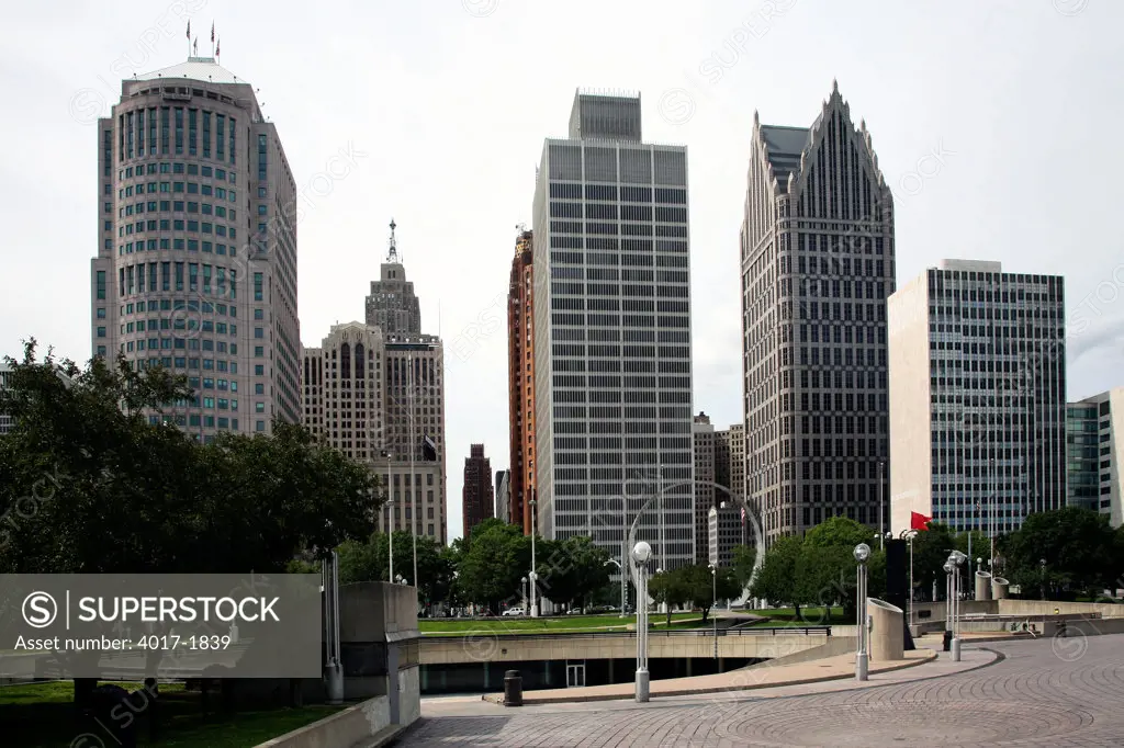 Downtown Detroit Skyline with the Michigan Labor Legacy Monument