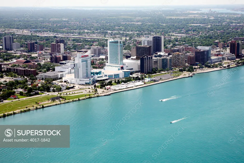 Aerial of the Downtown Windsor, ON Skyline with the Detroit River in the Foreground
