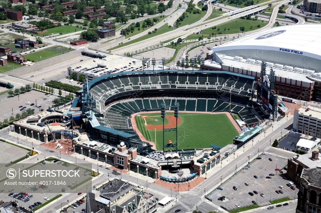 Aerial of Comerica Park with Ford Center in the Background