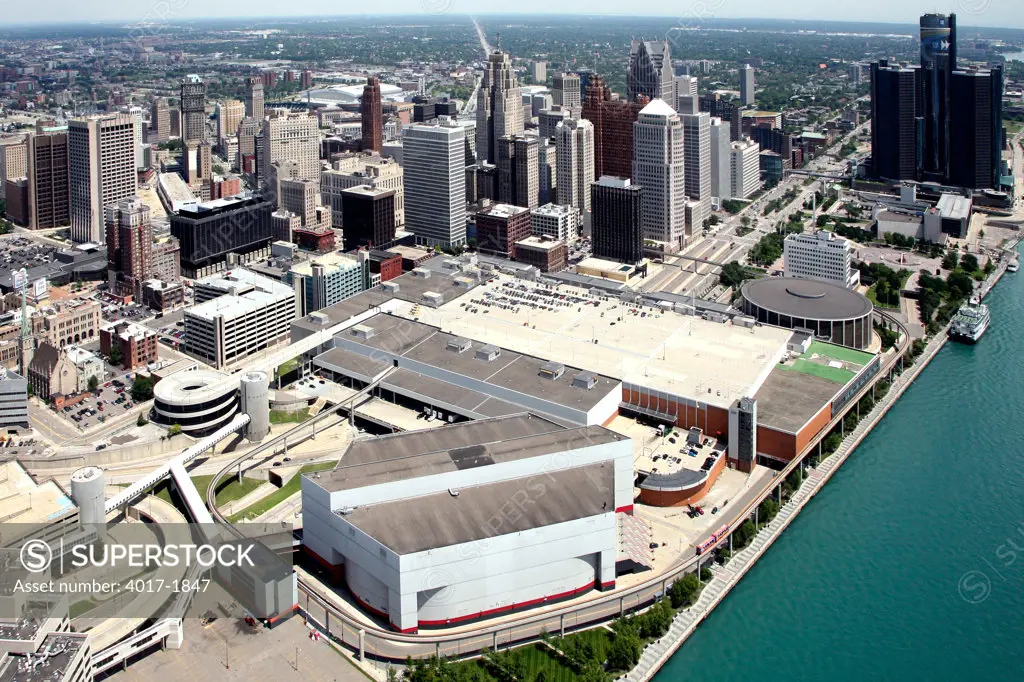Aerial of the Downtwon Detroit Skyline with Joe Louis Arena in the Foreground