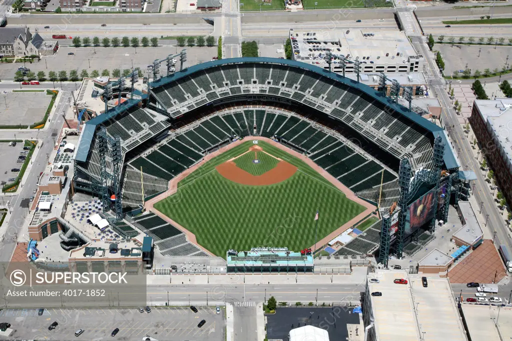 Aerial of Comerica Park in Downtown Detroit, MI