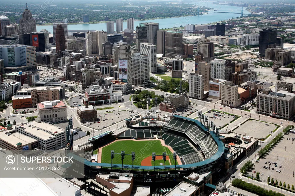 Aerial of Comerica park with Downtown Detroit, MI in the Background