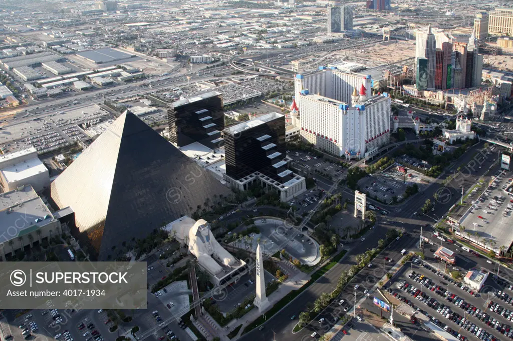 Aerial of the Las Vegas Strip showing Luxor, Excalibur and New York New York casinos