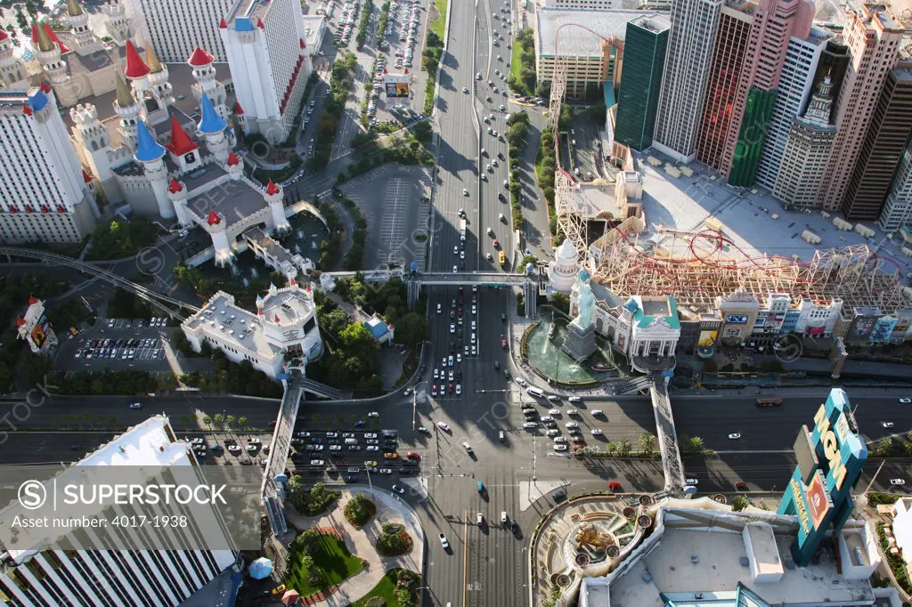Aerial of Las Vegas Boulevard and Tropicana Avenue on the Vegas Strip
