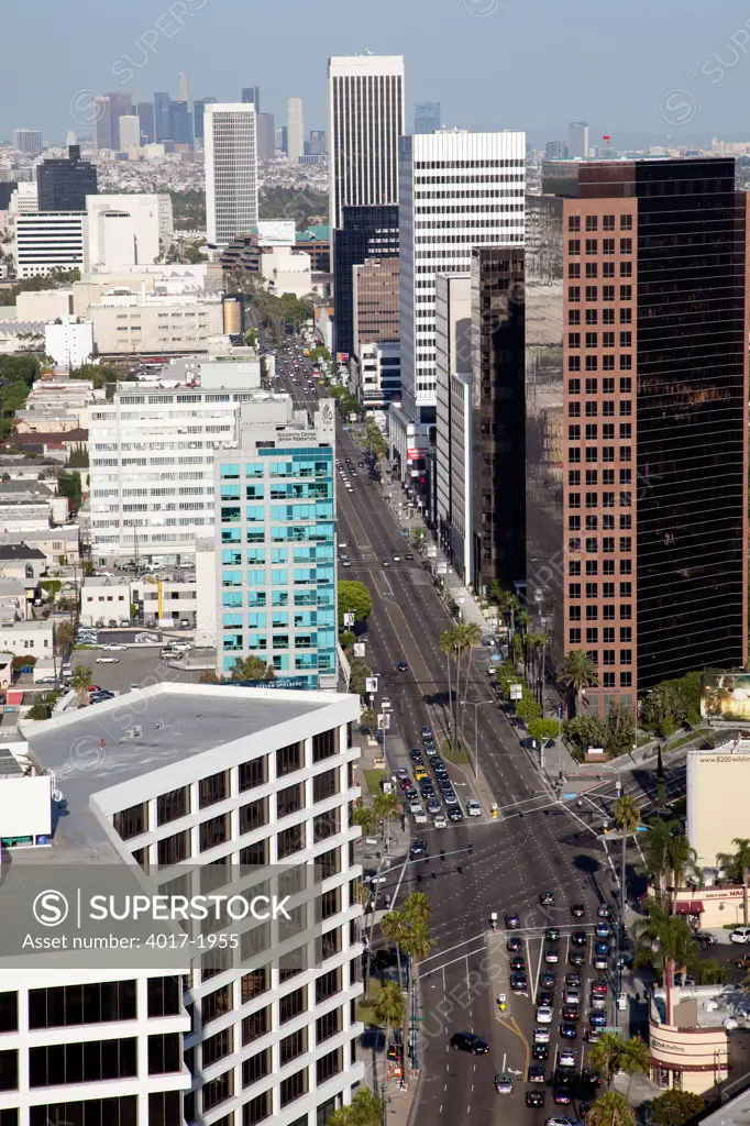 Aerial of the Wilshire Blvd corridor in Los Angeles, California