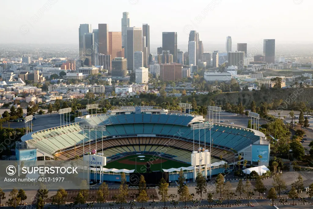 Aerial of Dodger Stadium and the Downtown Skyline of Los Angeles, California