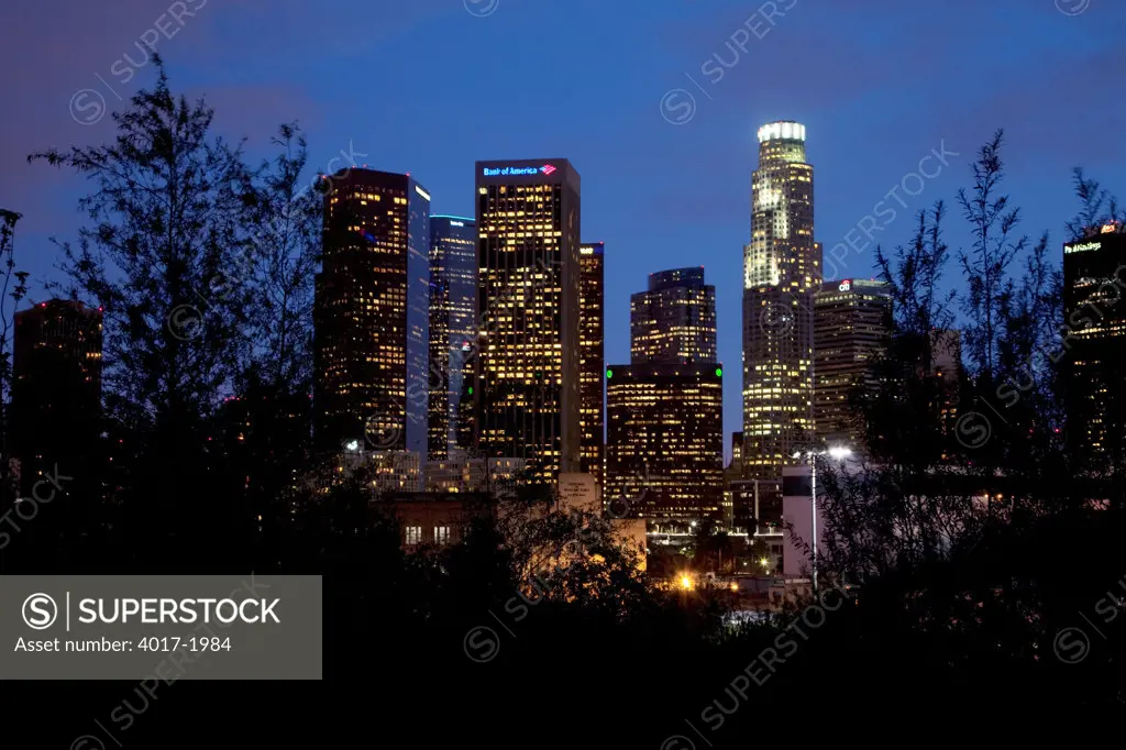 Downtown Los Angeles Skyline from Vista Hermosa Park at dusk