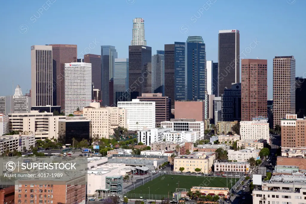 Aerial of the Westlake Neighborhood and Downtown Los Angeles, California Skyline
