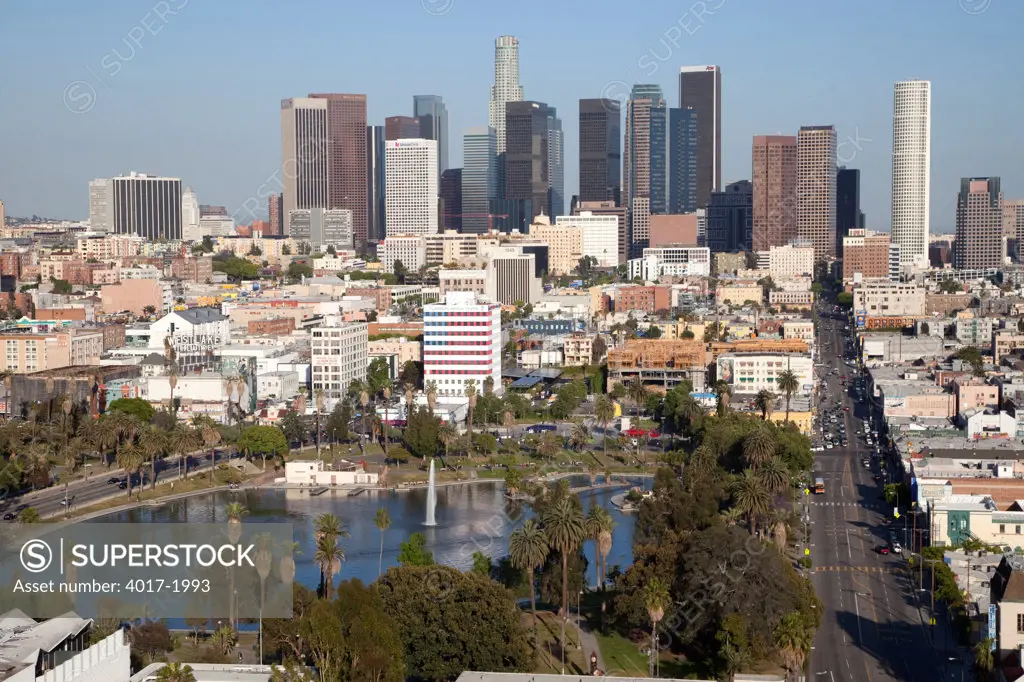 MacArthur Park in the Westlake neighborhood of Los Angeles, California with the downtown skyline