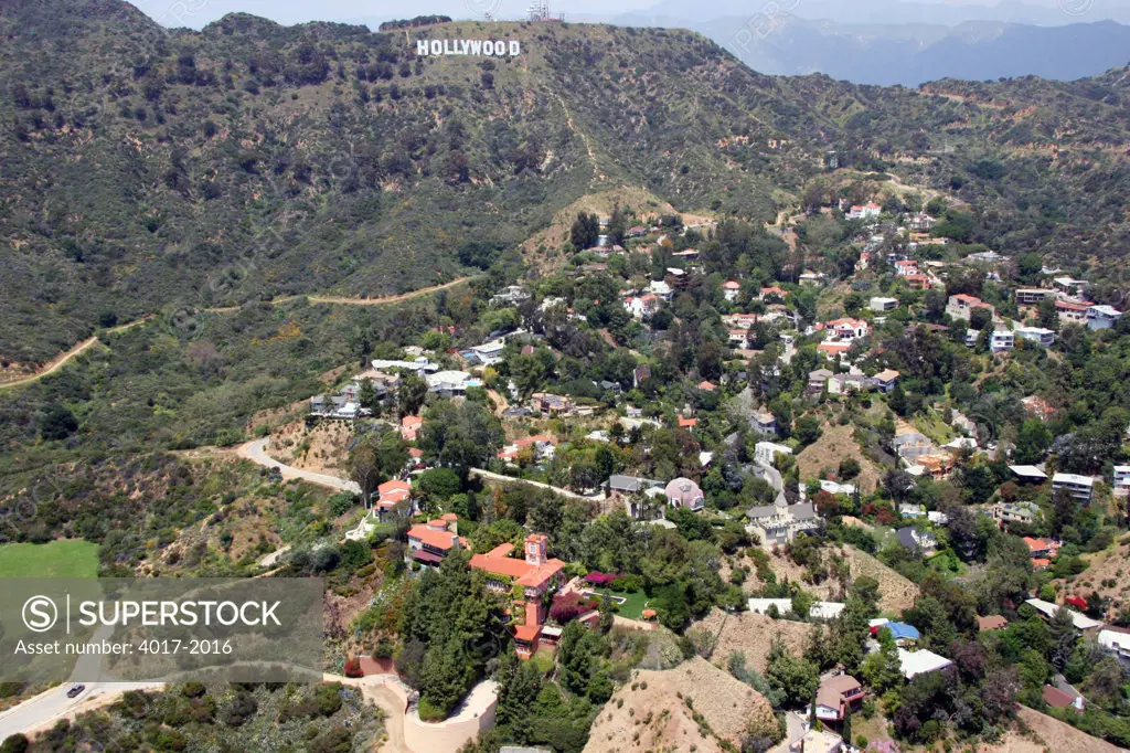 Hollywood Hills, Los Angeles, California with the Hollywood Sign in the Santa Monica Mountains in the background