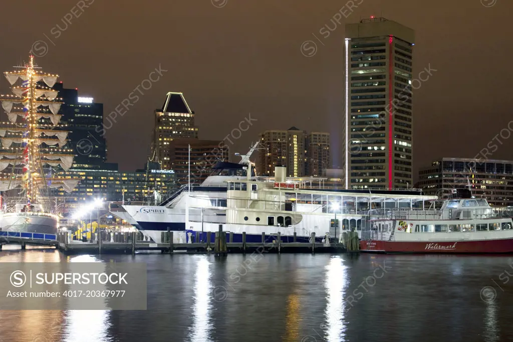 Downtown Baltimore, Maryland at night during the Sailabration in the Inner Harbor